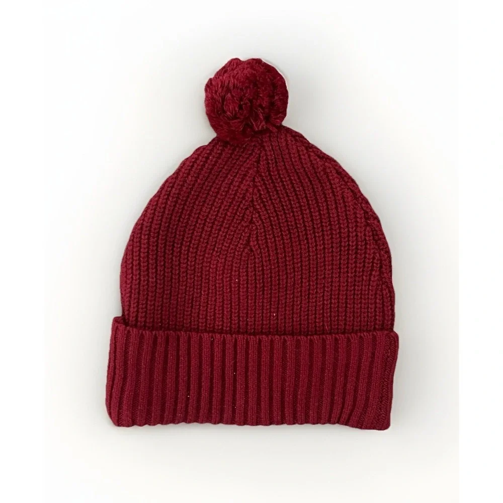 Boys Cozy Ribbed Knit Pom Pom Beanie Hat Red/Maroon Cuffed Winter Cap